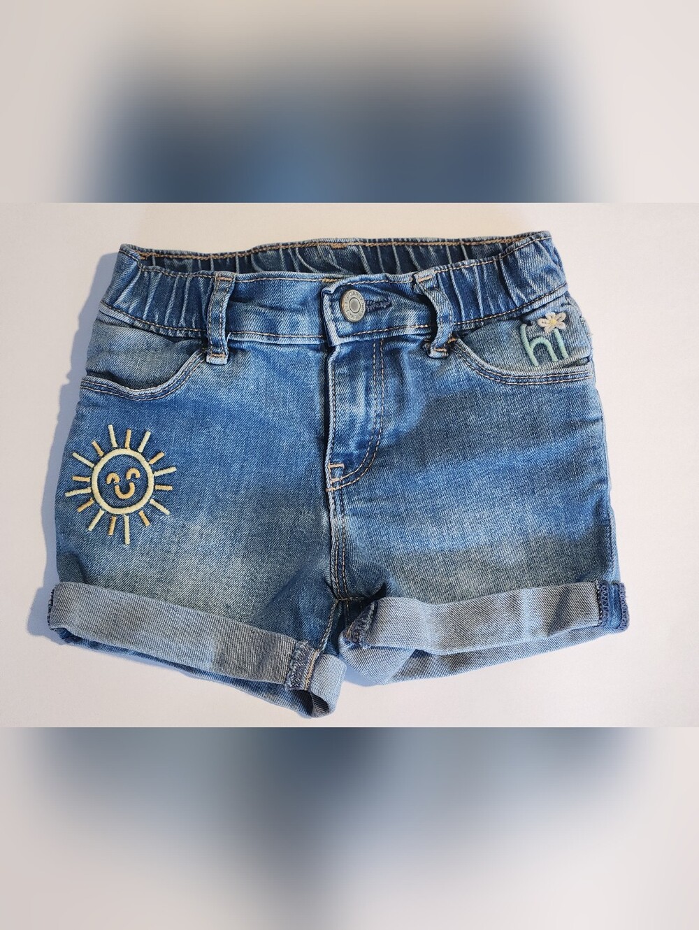 GAP Blue Denim Shortie Short with Sun And Rainbow Accent